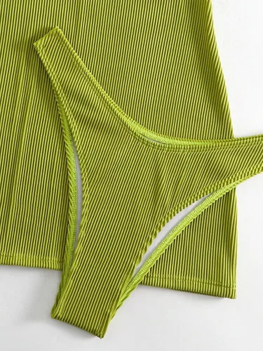 Vista 3 de COZYEASE Conjunto de bikini de 3 piezas para mujer, traje de baño triangular a rayas con falda de playa