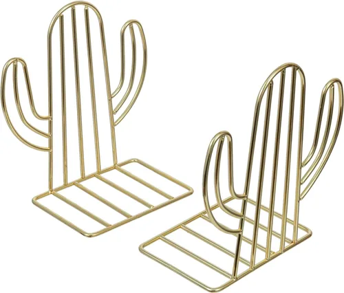 Vista 4 de MyGift Moderno sujetalibros de alambre de metal de tono latón, diseño de cactus, estilo del suroeste del desierto en forma de Sagauro, soportes