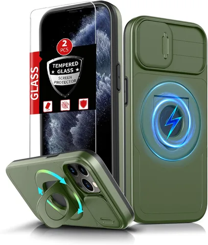 Vista 24 de Funda magnética para iPhone 11 Pro compatible con carga inalámbrica MagSafe, con 2 protectores de pantalla, anillo kickstand de 360° integrado +
