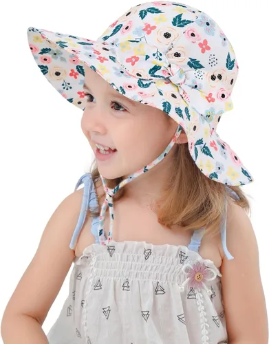 Vista 16 de Toddler Kids Baby Girl Sun Hat Floppy Cotton Summer Hat 50+ SPF Protective 04/Flor/Blanco