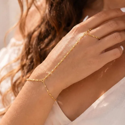 Vista 4 de Long tiantian Pulsera de cadena de mano, pulseras de oro para mujer, pulseras de cadena de eslabones de moda, anillo de dedo, pulsera de esclavos