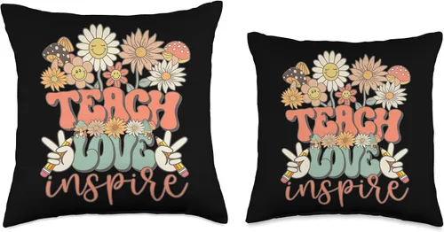 Vista 3 de Groovy Hippie Teacher Gifts First Day Of School Teach Love Inspire - Cojín retro Groovy Daisy para profesor, 16 x 16 pulgadas, multicolor