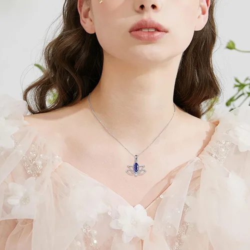 Vista 5 de YFN Collar de loto de plata de ley con colgante de piedra natal de loto, joyería de loto, regalos de cumpleaños para mujeres y niñas, Plata