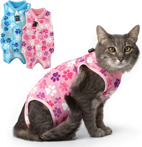 Vista 14 de Traje de recuperación para gatos: Traje de poscirugía azul suave para gatos con diseño de huella de pata - Traje de recuperación elástico