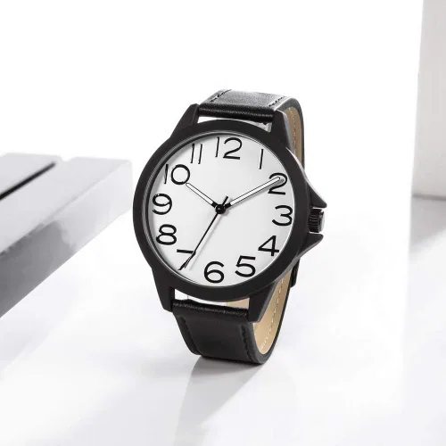 Vista 6 de NUOVO Reloj de cuarzo para hombre con correa de cuero, números árabes clásicos, blanco, vestido, estilo simple de moda