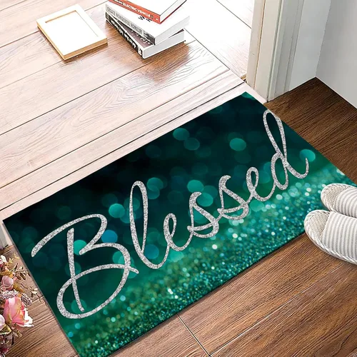 Vista 2 de TUBAMQ Felpudo de puerta Blessed de 17 x 30 pulgadas, tapete decorativo de bienvenida con purpurina bendita, parte trasera de goma antideslizante