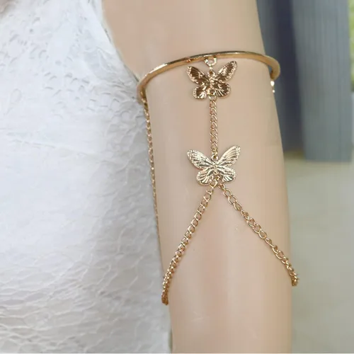 Vista 2 de HSQYJ Brazalete con borlas de cadena de mariposa, brazalete ajustable y simple, joyería de moda para mujer, chapado en oro y plata