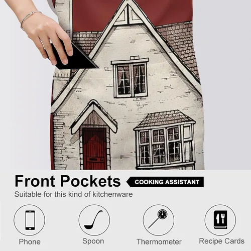 Vista 5 de MUSM Apron for Adults - 27.6 X 31.5 Inch, Heavy-Duty Polyester Aprons with Two Large Pockets, Waterproof White Line House Kitchen Apron for Cooking