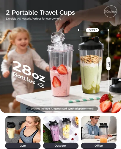 Vista 5 de iCucina Licuadora de batidos, licuadora personal para batidos y batidos, tecnología de pulso de 700 W, licuadoras de una sola porción con 2 vasos