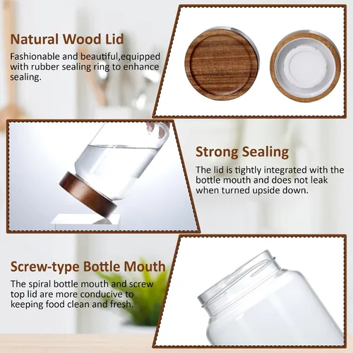 Vista 2 de Tarro de vidrio de 13.5 fl oz/400 ml con tapa de rosca de madera hermética, recipiente de almacenamiento de alimentos transparente apilable pequeño