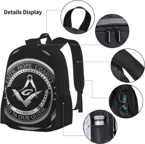 Vista 3 de SWEET TANG Mochila escolar para estudiantes, con logotipo masónico de Fe, Esperanza y Caridad, Masón, Negro, Viaje, Senderismo, Gran Capacidad