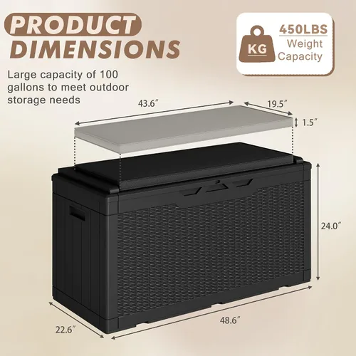 Vista 5 de Devoko Caja de cubierta de 100 galones, caja de almacenamiento impermeable al aire libre con cojín (negro)