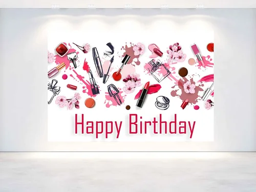 Vista 2 de Fondo de maquillaje de cumpleaños – Cartel de belleza de moda de 7 x 5 pies para decoraciones de fiesta de niñas y fondo de fotos glamorosas