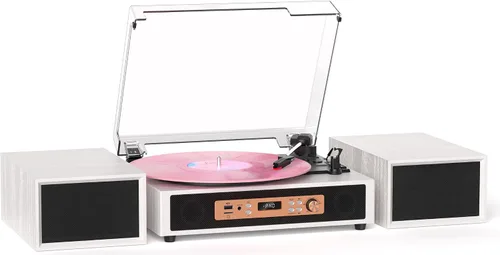 Vista 13 de Tocadiscos de vinilo vintage con altavoces estéreo externos, tocadiscos de 3 velocidades con entrada Bluetooth, grabación USB a PC, parada