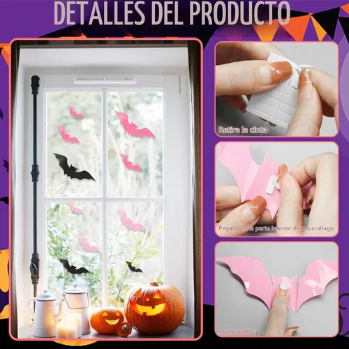Vista 2 de Decoración 3D de murciélagos de pared de Halloween, 48 calcomanías y calcomanías de murciélagos de PVC rosa para el hogar, tema espeluznante