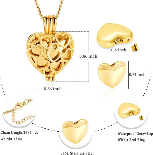 Vista 2 de Collar con medallón de cremación conmemorativa con corazón eterno con mini urna para cenizas de seres queridos