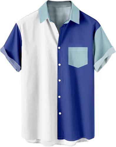 Vista 11 de Men's Color Block Button Down Shirts 2026 Summer Short Sleeve Hawaiian Shirt Loose Fit Lightweight Beach Vacation Tops