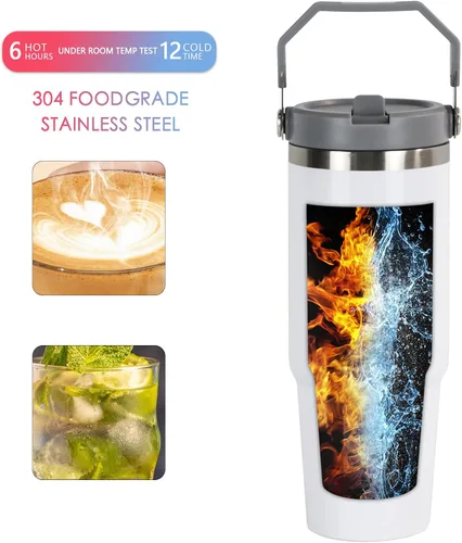 Vista 5 de Vaso de acero inoxidable de 32 onzas con asa y tapa 2 piezas Nuevo Mango Blanco