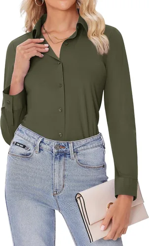 Vista 9 de siliteelon Camisas con botones para mujer, ajustadas, de manga larga, elásticas, de vestir, camisas de trabajo, sin arrugas, blusas de oficina