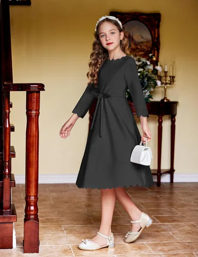 Vista 3 de Arshiner Vestido de fiesta para niñas con ribete festoneado, cinturón, acampanado, formal, por debajo de la rodilla, con bolsillos, para 6-15 años