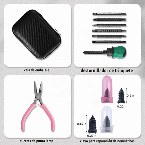 Vista 2 de Kit de 29 piezas de reparación de neumáticos de clavos de goma, kit de tapones de neumáticos, kit de parches de neumáticos de emergencia