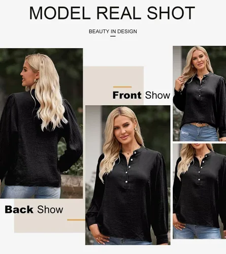Vista 5 de Astylish Camisas para mujer con manga de farol, blusas básicas con textura plisada con medio botón
