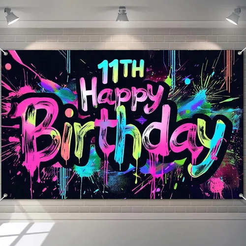 Vista 19 de HOMETITUTE Pancarta de Neón de Feliz 10mo Cumpleaños 71 x 43 pulgadas, Salpicadura de Pintura que Brilla en la Oscuridad, Telón de Fondo