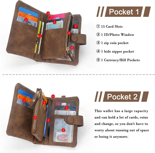 Vista 3 de Billeteras con bloqueo RFID para mujer, de gran capacidad, de cuero suave, cartera pequeña con correa para la muñeca, Marrón, Casual