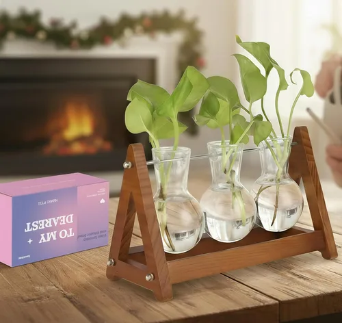 Vista 4 de Terrario para plantas con soporte de madera, jarrón de vidrio de 3 bombillas, soporte de metal, maceta hidropónica retro para decoración de hogar