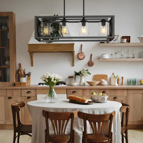 Vista 6 de Lámpara de comedor de granja – Iluminación de isla de cocina de 4 luces con altura ajustable y metal grueso para comedor sobre mesa, candelabros