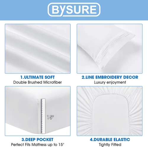 Vista 4 de BYSURE Juego de sábanas de hotel con 4 fundas de almohada bordadas (tamaño King, blanco brillante), sábanas de microfibra de bolsillo profundo de 15