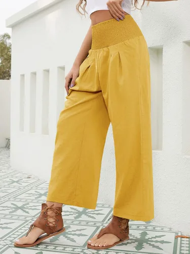 Vista 3 de QIANXIZHAN Pantalones cortos de pierna ancha para mujer, pantalones palazzo de cintura alta, pantalones de verano bohemios fluidos para la playa
