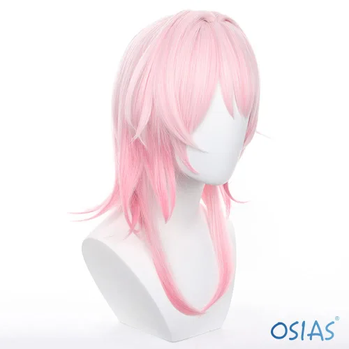 Vista 3 de OSIAS Peluca larga recta rosa para cosplay del 7 de marzo de Honkai Star Rail sintético resistente al calor