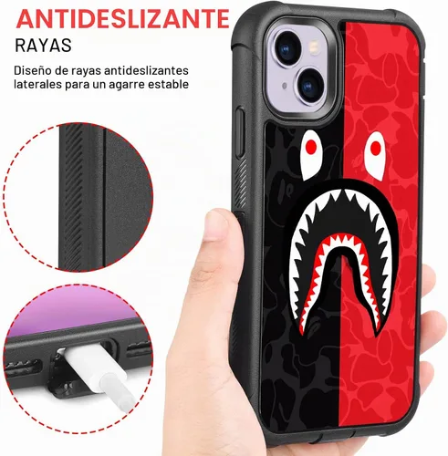 Vista 6 de Funda compatible con iPhone 13 y iPhone 14 de diseño de tiburón negro y rojo de moda urbana para hombres y niños, de 3 capas, resistente a
