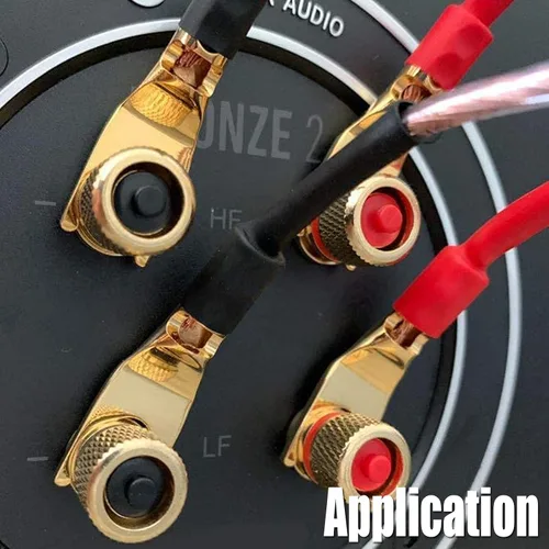 Vista 2 de Tertullus 8 conectores de pala de altavoz, cobre puro, chapado en oro, enchufe Y de 45 grados, adaptador de bloqueo de tornillo de 45 grados