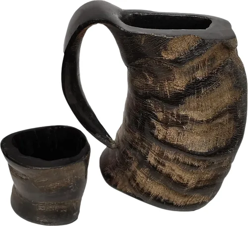 Vista 7 de Mythrojan Taza vikinga con cuerno de beber, 100% auténtica, de búfalo natural, de inspiración medieval, taza de vino vikingo Mead Ale con bolsa