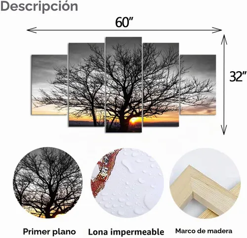 Vista 6 de Artmyharbor Arte de pared de 5 piezas de árbol en blanco y negro al amanecer