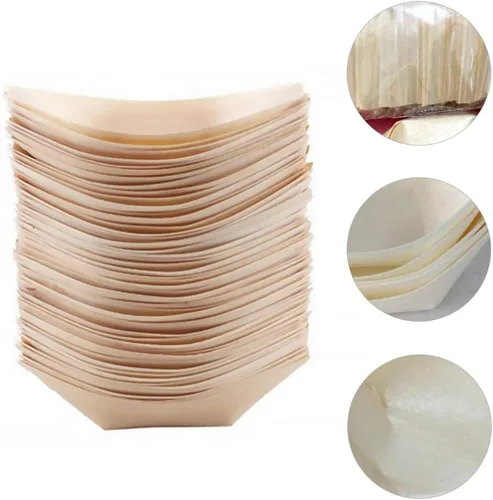 Vista 6 de 100 Uds. Cubiertos de madera para aperitivos, recipientes para alimentos, bote, postres, bandeja de bocadillos, sushi, bote, plato de aperitivos