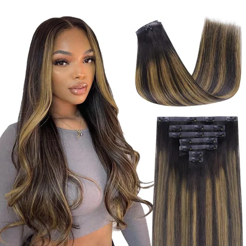 Vista 44 de Lashey Extensiones de cabello humano con clip, sin costuras, #1, color negro azabache, extensiones de cabello humano real, extensiones de cabello