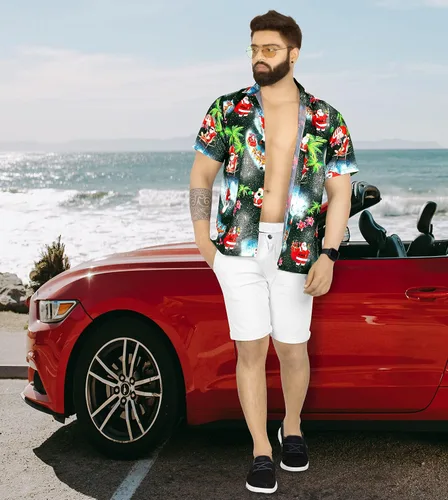Vista 5 de HAPPY BAY Camisa de vestir de manga corta para hombre, diseño de Papá Noel, para fiesta de Navidad, camisas hawaianas para hombres