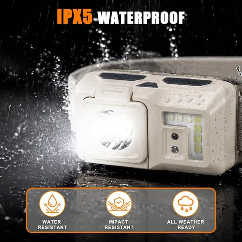 Vista 6 de Linterna frontal LED recargable, linterna súper brillante con luz roja Motion sensor head lights for forehead, 5 modes, lightweight & waterproof