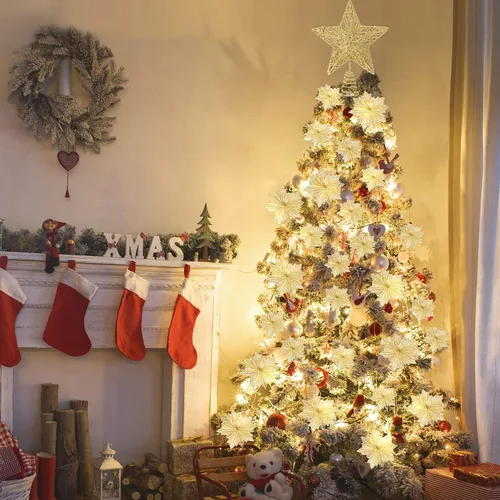 Vista 6 de Sratte El juego de 38 piezas de decoraciones navideñas incluye falda de árbol de lentejuelas, estrella para árbol y flores de Navidad artificiales