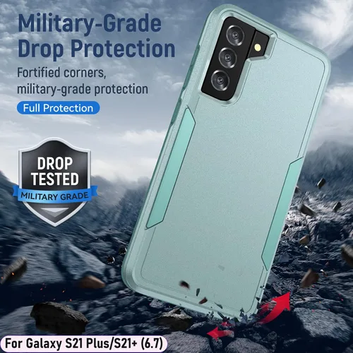 Vista 7 de Funda híbrida de doble capa para Galaxy S21 Plus/S21+ de 6.7 pulgadas, de grado militar, resistente a los golpes, con 1 soporte magnético para Verde