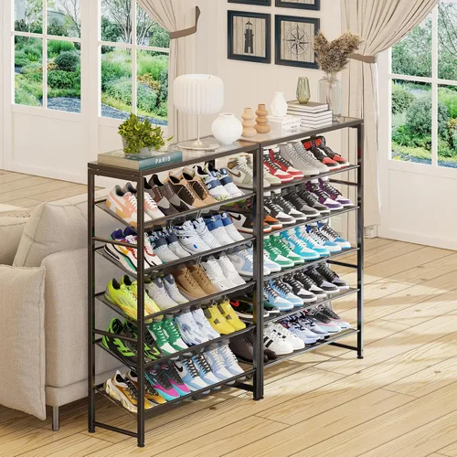 Vista 2 de Simple Trending Zapatero, organizador de zapatos de 6 niveles con capacidad para 25 pares, almacenamiento de zapatos de metal con estantes