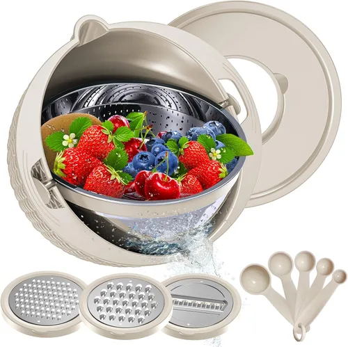 Vista 8 de Juego de Colador 4 en 1 con Conjunto de Tazones - Tazón Colador Giratorio con Cucharas Medidoras - Tazón Colador de Frutas, Coladores de Alimentos