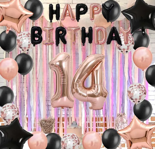 Vista 5 de Decoraciones de cumpleaños número 14: globos de papel de aluminio de estrella con el número 14 de oro rosa, confeti de látex para su fiesta