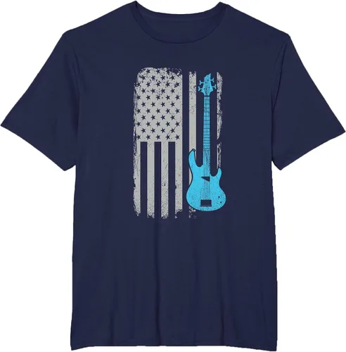 Vista 75 de Electric Bass Guitar Player American Flag Musician T-Shirt Asphalt Grey