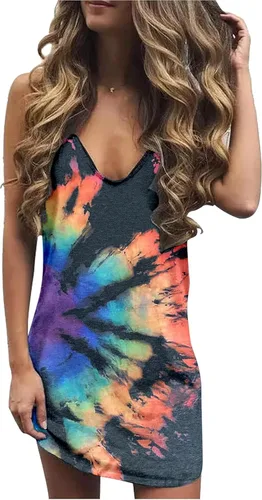Vista 21 de CHUNTIANRAN Mini vestido para mujer, vestido hawaiano sin mangas para playa 1776 negro