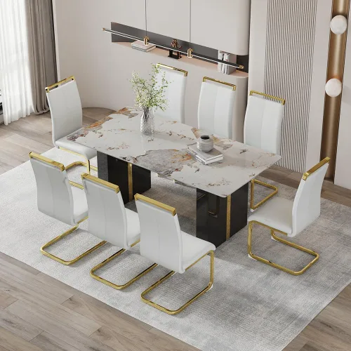 Vista 22 de Mesa de comedor moderna para mesa de comedor de mármol sintético blanco de 6, 8, 71 pulgadas, con patas negras y doradas, mesa de cocina rectangular