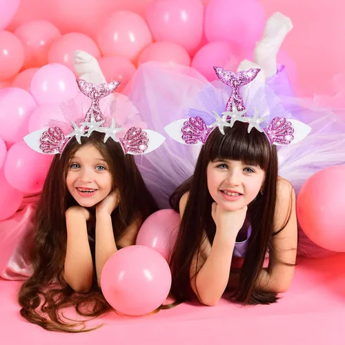 Vista 4 de XunYee 12 diademas para fiesta de sirena, accesorios para el cabello de sirena, accesorios de fiesta de sirena con purpurina, suministros de fiesta